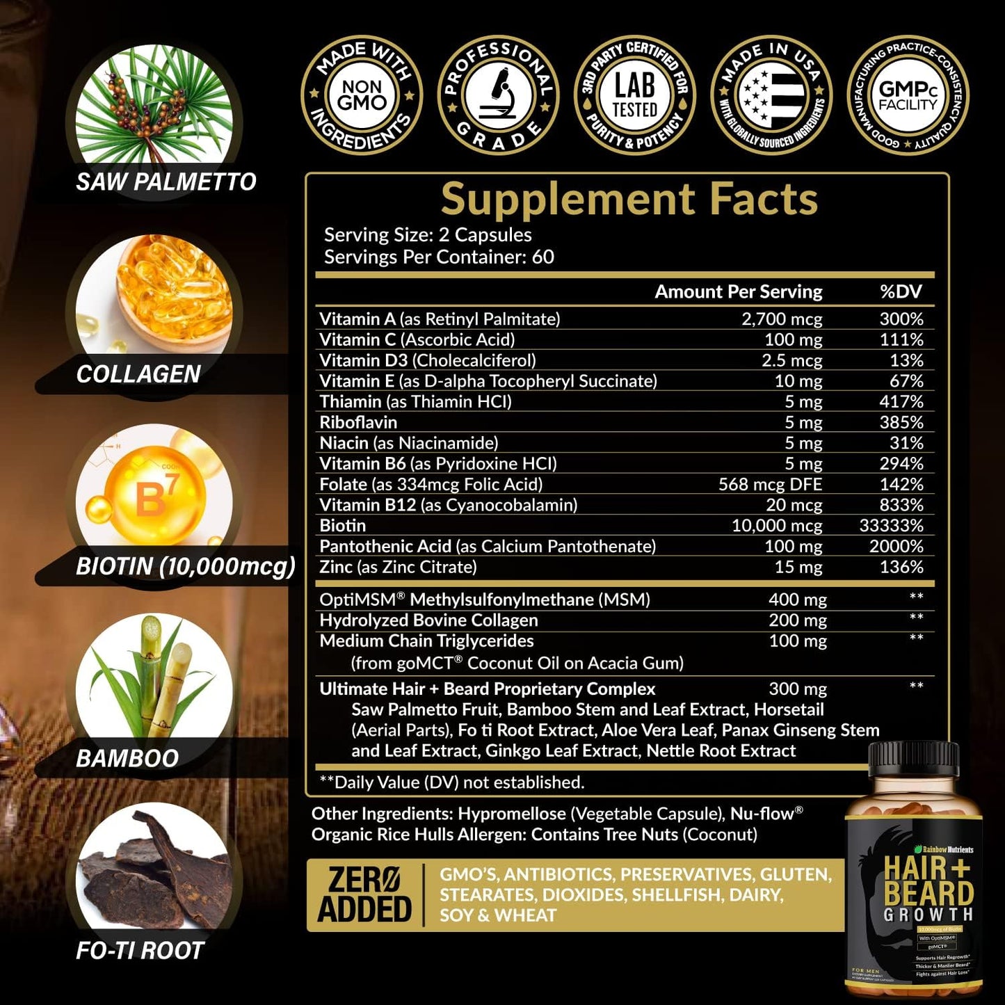 Growth Vitamins for Men | Biotin 10,000mcg, Patented OptiMSM®, goMCT®, Saw Palmetto, Collagen | 60 Day Supply