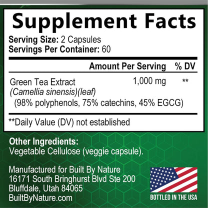 Green Tea Extract Pills - Powerful Antioxidant Supplement - 98% Standardized EGCG 1000mg for Natural Energy with Polyphenols - Gentle Caffeine - 120 Capsules