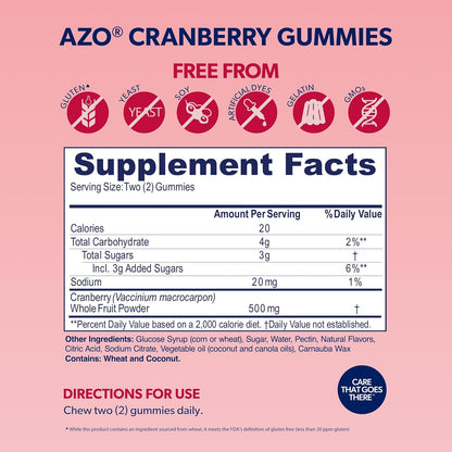 AZO Cranberry Urinary Tract Health Gummies Dietary Supplement Helps Cleanse & Protect, Natural Mixed Berry Flavor, Non-GMO, 72 Gummies