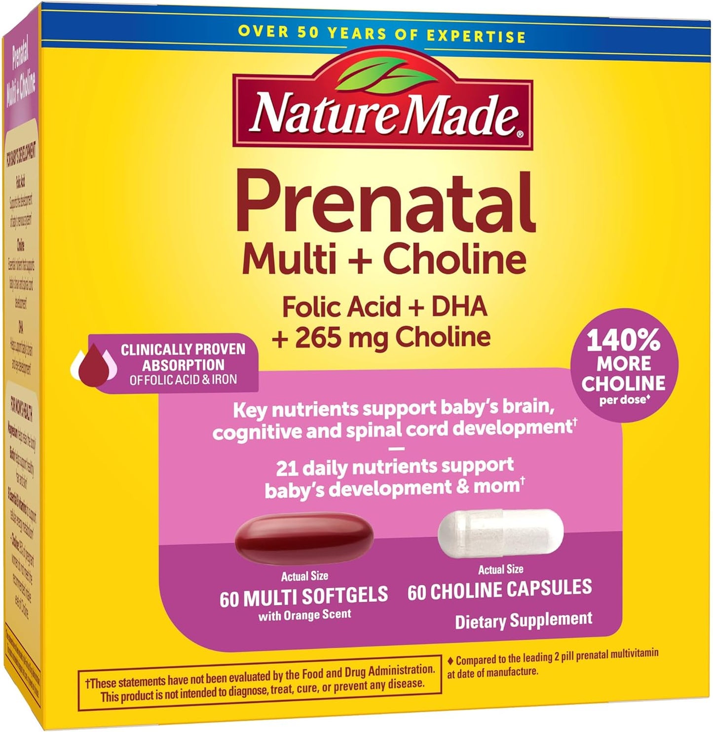 Nature Made Prenatal Vitamin + Choline Capsules, Folic Acid + DHA + Choline, 60 Softgels