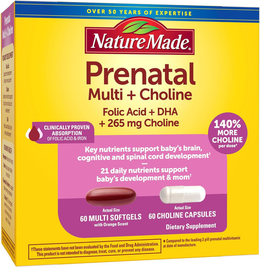 Nature Made Prenatal Vitamin + Choline Capsules, Folic Acid + DHA + Choline, 60 Softgels