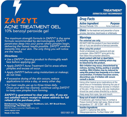 ZAPZYT Maximum Strength 10% Benzoyl Peroxide Acne Treatment Gel 1 oz