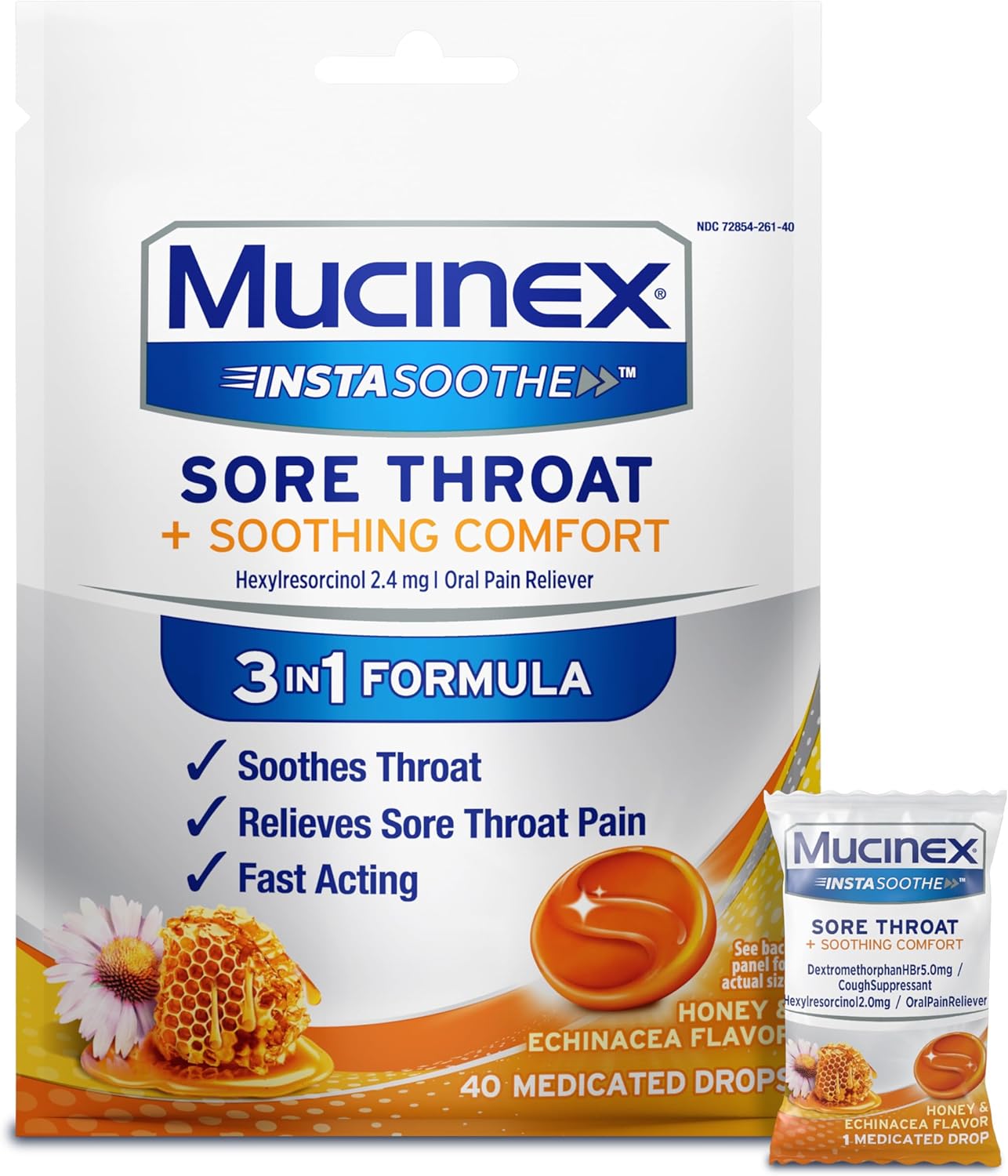 Mucinex InstaSoothe Sore Throat + Soothing Comfort Honey & Echinacea Flavor, Fast Acting, Powerful Sore Throat Oral Pain Reliever, 40 Medicated Drops