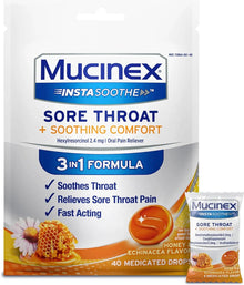 Mucinex InstaSoothe Sore Throat + Soothing Comfort Honey & Echinacea Flavor, Fast Acting, Powerful Sore Throat Oral Pain Reliever, 40 Medicated Drops Mucinex