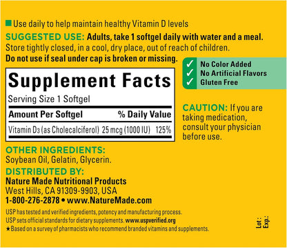 Nature Made Vitamin D3 1000 IU (25 mcg) 180 Softgels