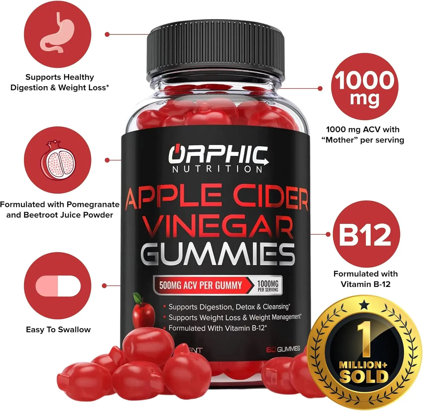 ORPHIC NUTRITION Apple Cider Vinegar Gummies - 1000mg -Formulated to Support Weight Loss Efforts, Normal Energy Levels & Gut Health* - Supports Digestion, Detox & Cleansing* - ACV Gummies W/VIT B12, Beetroot 60 Count ORPHIC NUTRITION
