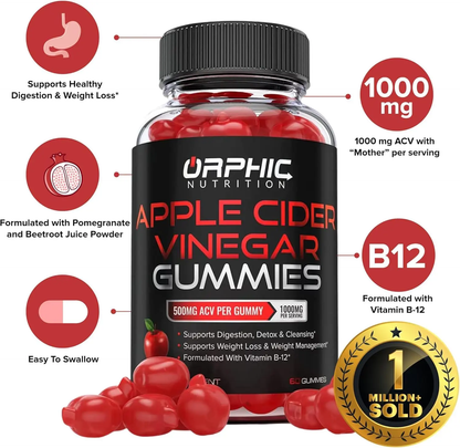 ORPHIC NUTRITION Apple Cider Vinegar Gummies - 1000mg -Formulated to Support Weight Loss Efforts, Normal Energy Levels & Gut Health* - Supports Digestion, Detox & Cleansing* - ACV Gummies W/VIT B12, Beetroot 60 Count ORPHIC NUTRITION