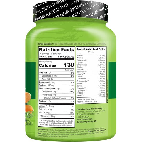 NATURELO Plant Protein Powder, Chocolate, 22g Protein - Non-GMO, Vegan, No Gluten, Dairy, or Soy - No Artificial Flavors, Synthetic Coloring, Preservatives, or Additives - 20 Servings