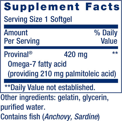 Life Extension Provinal Purified Omega-7 - Daily Essential Omega 7 Fatty Acids Supplement, Palmitoleic Acid Fish Oil For Heart Health & Inflammation Management - Gluten-Free, Non-GMO - 30 Softgels Month Supply