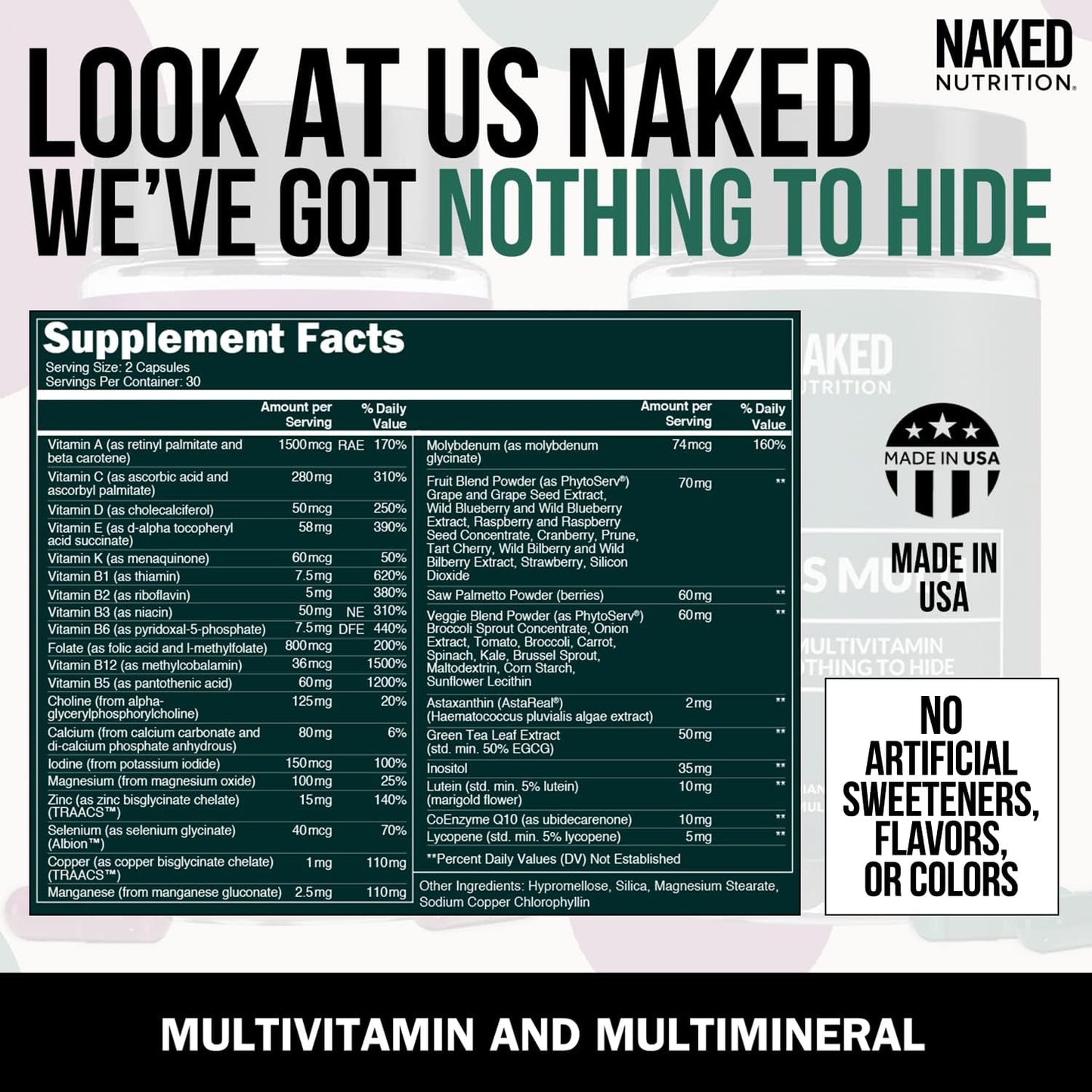 NAKED nutrition Multi – Daily Multivitamin for Men – A, C, E, Selenium, Zinc, Fruit and Super Green Extracts and More to Boost Immune Support – Gluten-Free and Vegetarian Daily Vitamins – 60 Capsules