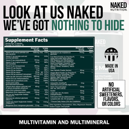 NAKED nutrition Multi – Daily Multivitamin for Men – A, C, E, Selenium, Zinc, Fruit and Super Green Extracts and More to Boost Immune Support – Gluten-Free and Vegetarian Daily Vitamins – 60 Capsules