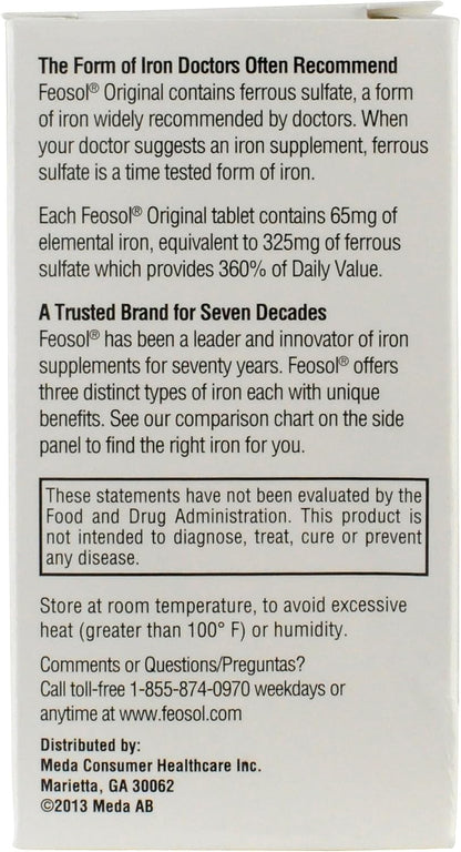 Feosol Original Iron Supplement Tablets, 325mg Ferrous Sulfate -120 ct