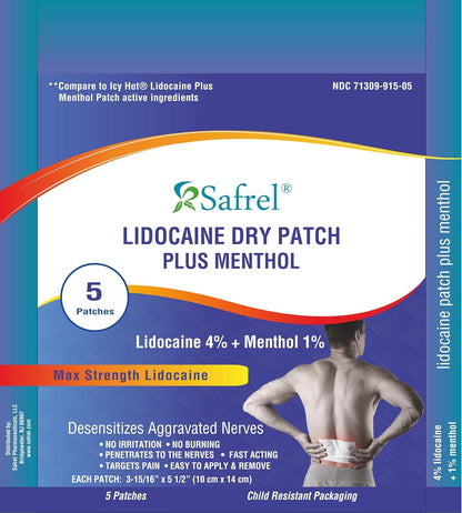 Lidocaine 4% Plus Menthol Dry Patch 5 Count, Unscented Non Gel Large Size Pain Relief Patches for Muscle Aches, Cramps, Back, Arthritis, Ankles, Elbows, Neck, Shoulder and Joint Pain Knees