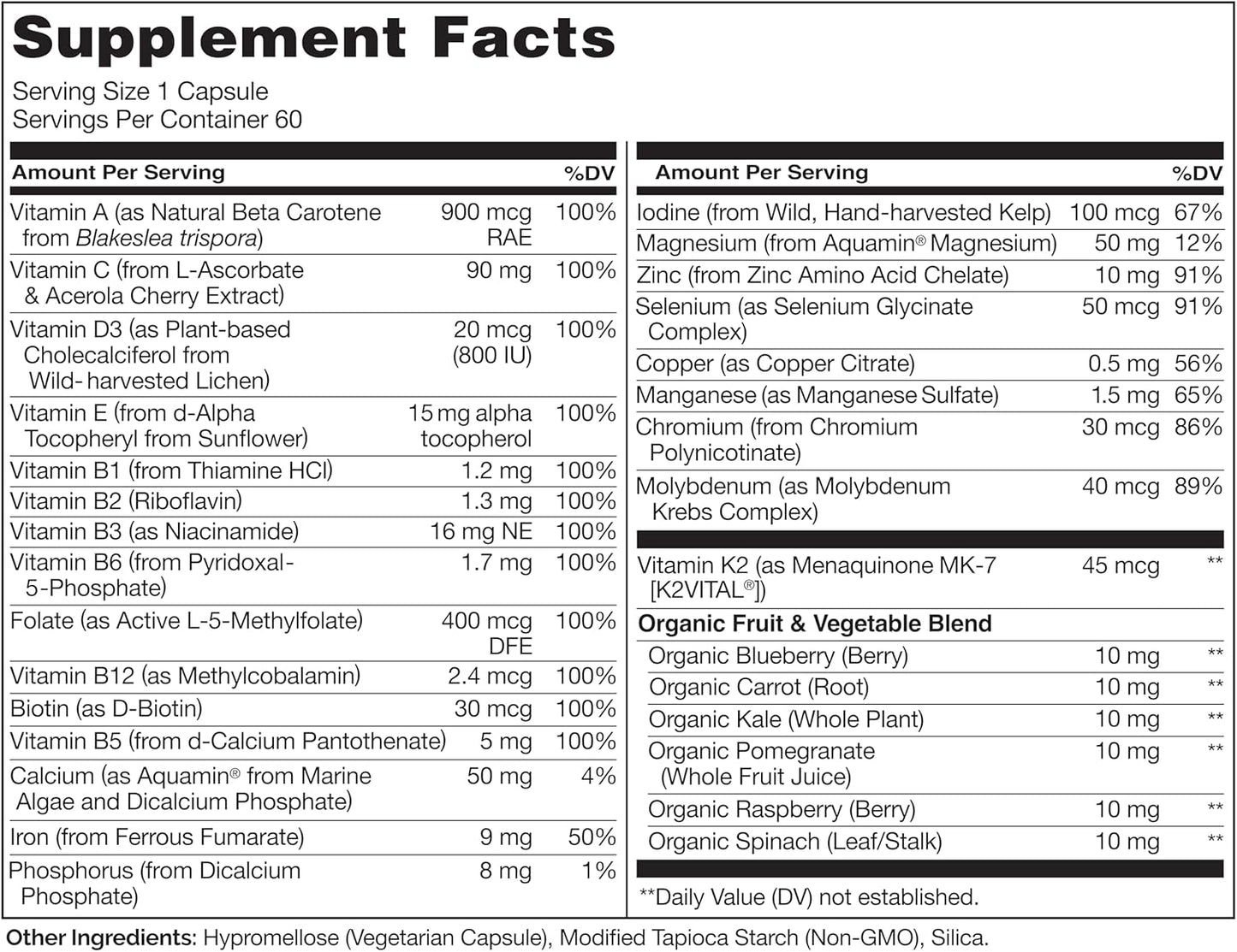 NATURELO One Daily Multivitamin for Women - Energy Support - Whole Food Supplement to Nourish Hair, Skin, Nails - Non-GMO - No Soy - Gluten Free - 60 Capsules