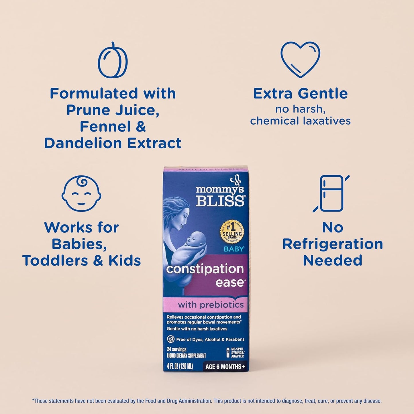 Mommy's Bliss Constipation Ease + Prebiotics, Relieves Occasional Constipation, Gentle & Safe, No Harsh Laxatives, 4 Fl Oz Bottle (Pack of 1)