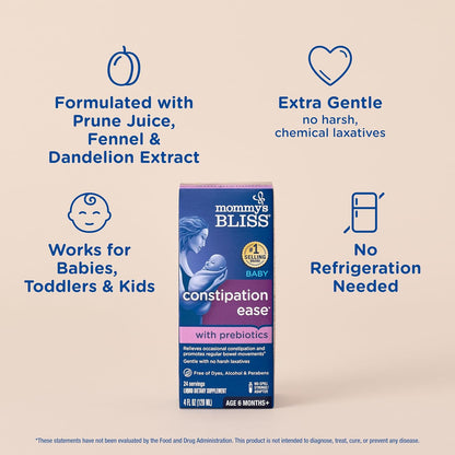 Mommy's Bliss Constipation Ease + Prebiotics, Relieves Occasional Constipation, Gentle & Safe, No Harsh Laxatives, 4 Fl Oz Bottle (Pack of 1)