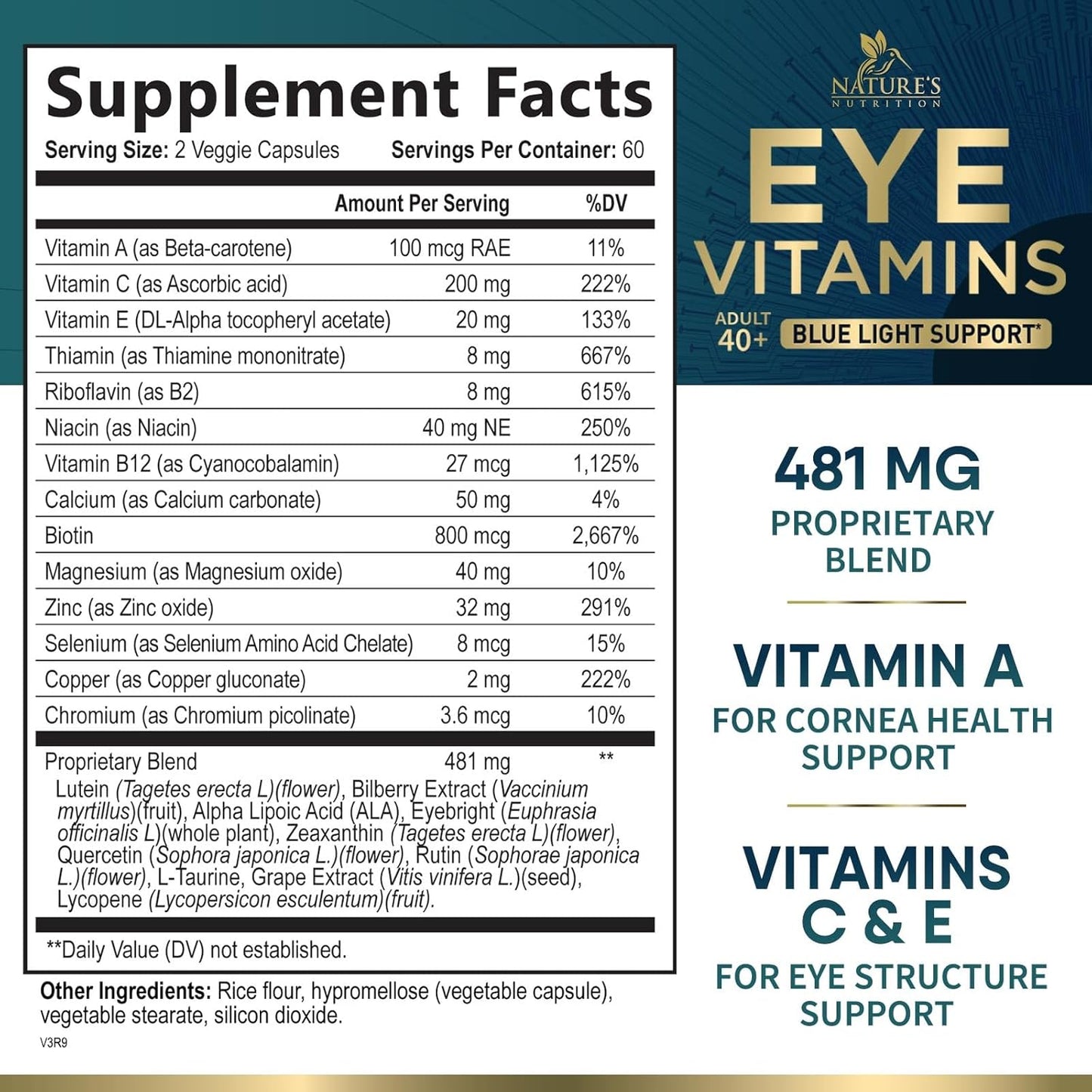 Nature's Nutrition Eye Vitamins with Lutein, Zeaxanthin, Bilberry & Zinc, Supports Eye Strain, Vision Health & Dryness for Adults with Vitamins C & E - Non-GMO, Vegan Eye Supplement - 120 Capsules