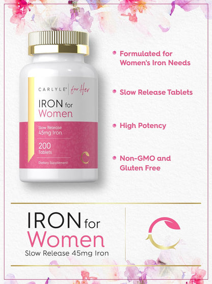 CARLYLE Iron Supplement for Women 45mg | 200 Tablets | Vegetarian, Non-GMO, Gluten Free, Slow Release Pills