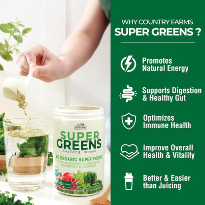 COUNTRY FARMS Super Greens Natural Flavor, 50 Organic Super Foods, 20 Servings, 10.6 Oz