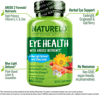 NATURELO Eye Vitamins - AREDS 2 Formula Nutrients with Lutein, Zeaxanthin, Vitamin C, E, Zinc, Plus DHA - Supplement for Dry Eyes, Healthy Vision, Eye...