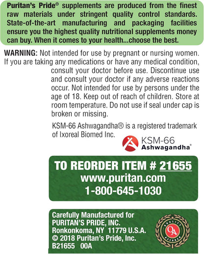 Puritan's Pride KSM-66 Ashwagandha® 450mg - 1 Month Supply, 60 Capsules