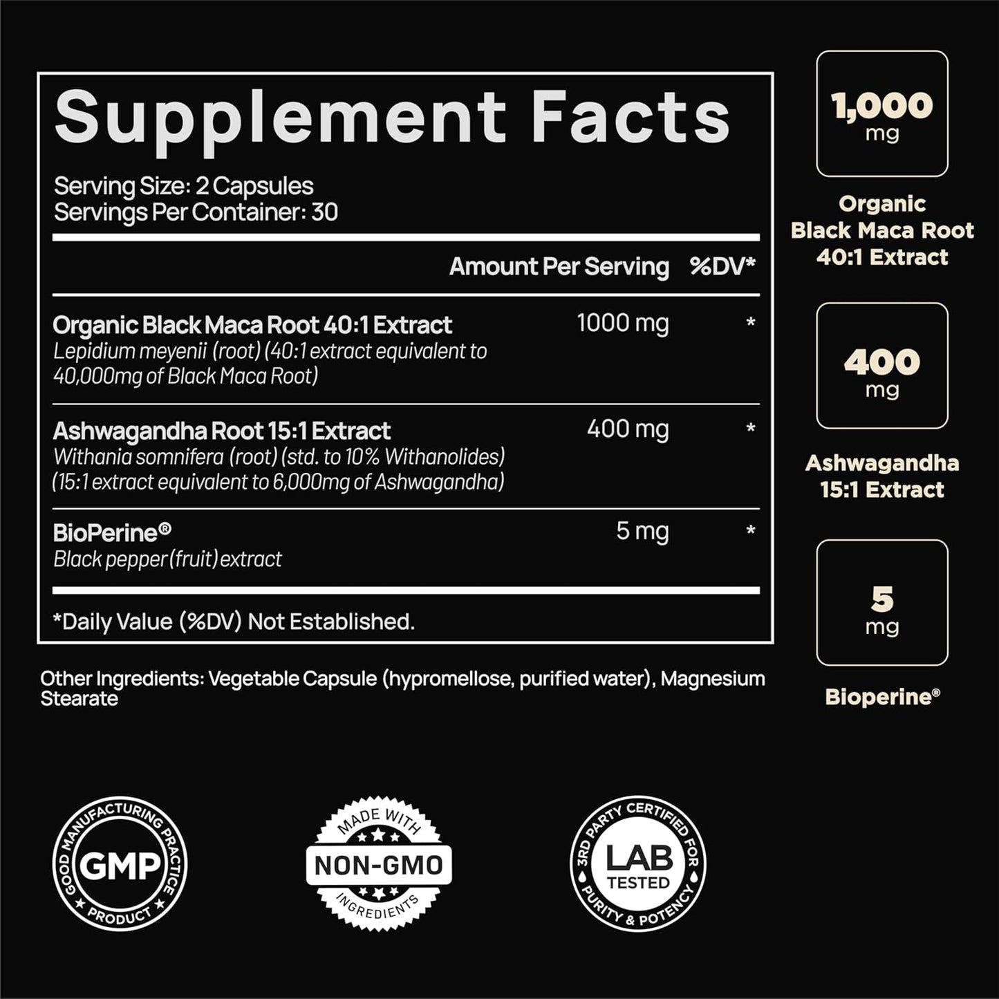 Organic Black Maca Root w. Ashwagandha - Highest Potency Black Maca Root Capsules for Men with 100% Pure Maca Peruana Powder Organic, Gelatinized, Non-GMO - 60 Pills