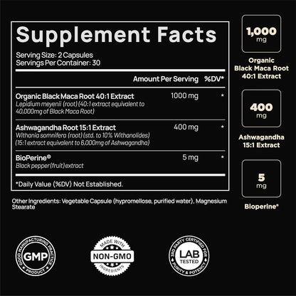 Organic Black Maca Root w. Ashwagandha - Highest Potency Black Maca Root Capsules for Men with 100% Pure Maca Peruana Powder Organic, Gelatinized, Non-GMO - 60 Pills