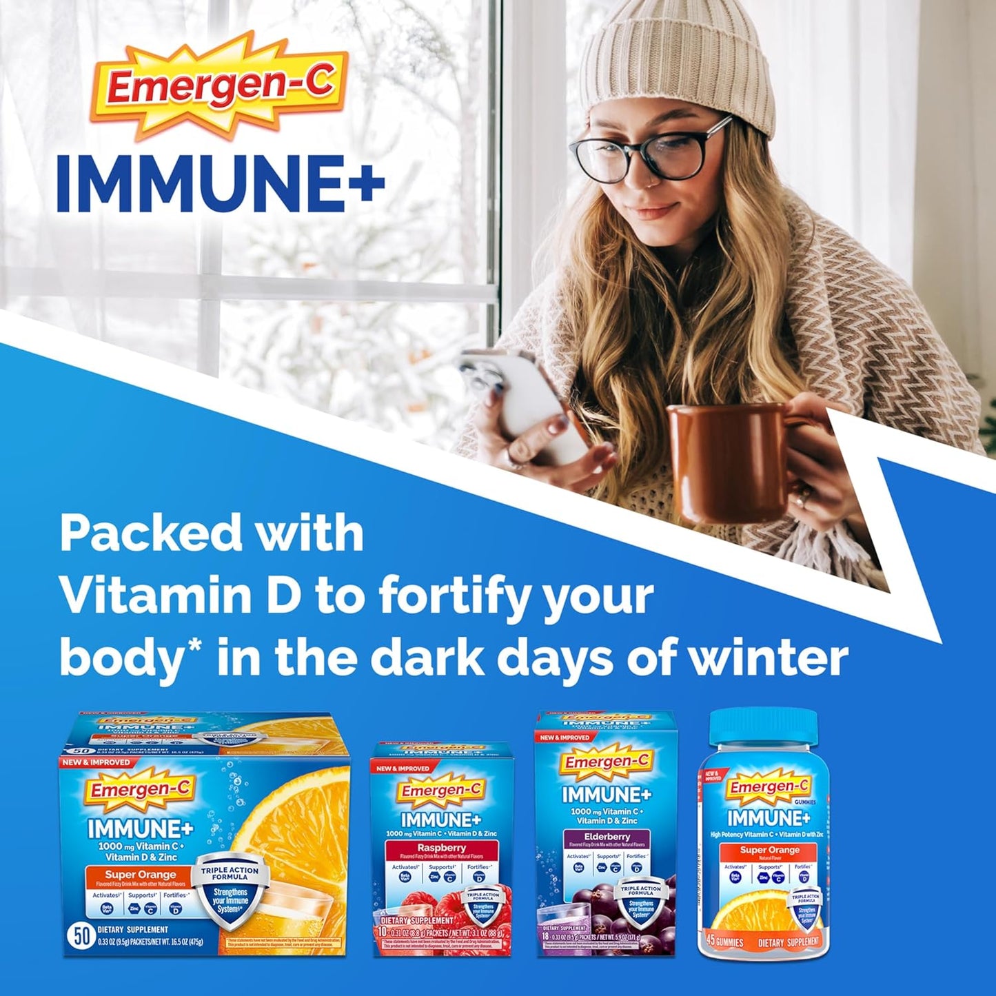 Emergen-C Immune+ Vitamin C 1000mg (18 Count, Elderberry) Dietary Supplement Fizzy Drink Mix Powder Packets