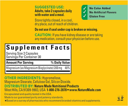 Nature Made Magnesium Glycinate 200 mg per Serving 60 Magnesium Capsules