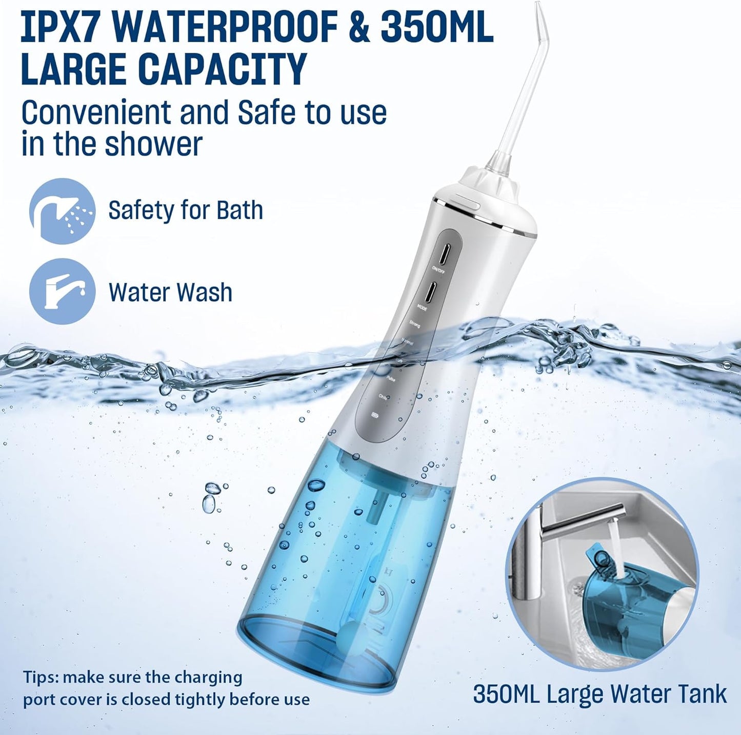 AAU Cordless Water Dental Flosser for Teeth - Portable and Rechargeable 350ML Oral Irrigator with 5 Modes 6 Replaceable Tips - IPX7 Waterproof Powerful Battery Life Water Dental Picks for Travel Home