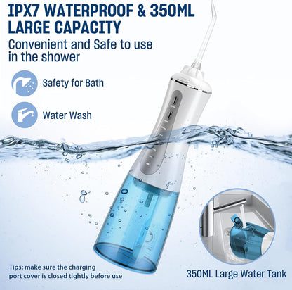 AAU Cordless Water Dental Flosser for Teeth - Portable and Rechargeable 350ML Oral Irrigator with 5 Modes 6 Replaceable Tips - IPX7 Waterproof Powerful Battery Life Water Dental Picks for Travel Home