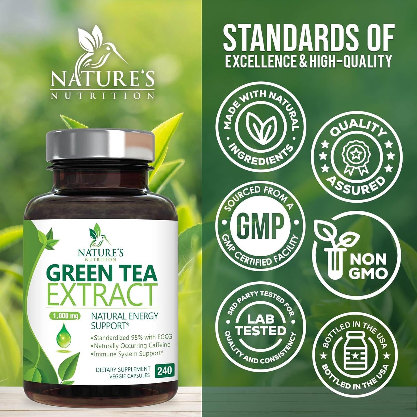 Nature's Nutrition Green Tea Extract Capsules 98% Standardized EGCG 1000mg - 3X Strength for Natural Energy - Heart Support with Polyphenols - Gentle Caffeine - 240 Capsules