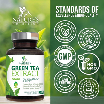 Nature's Nutrition Green Tea Extract Capsules 98% Standardized EGCG 1000mg - 3X Strength for Natural Energy - Heart Support with Polyphenols - Gentle Caffeine - 240 Capsules