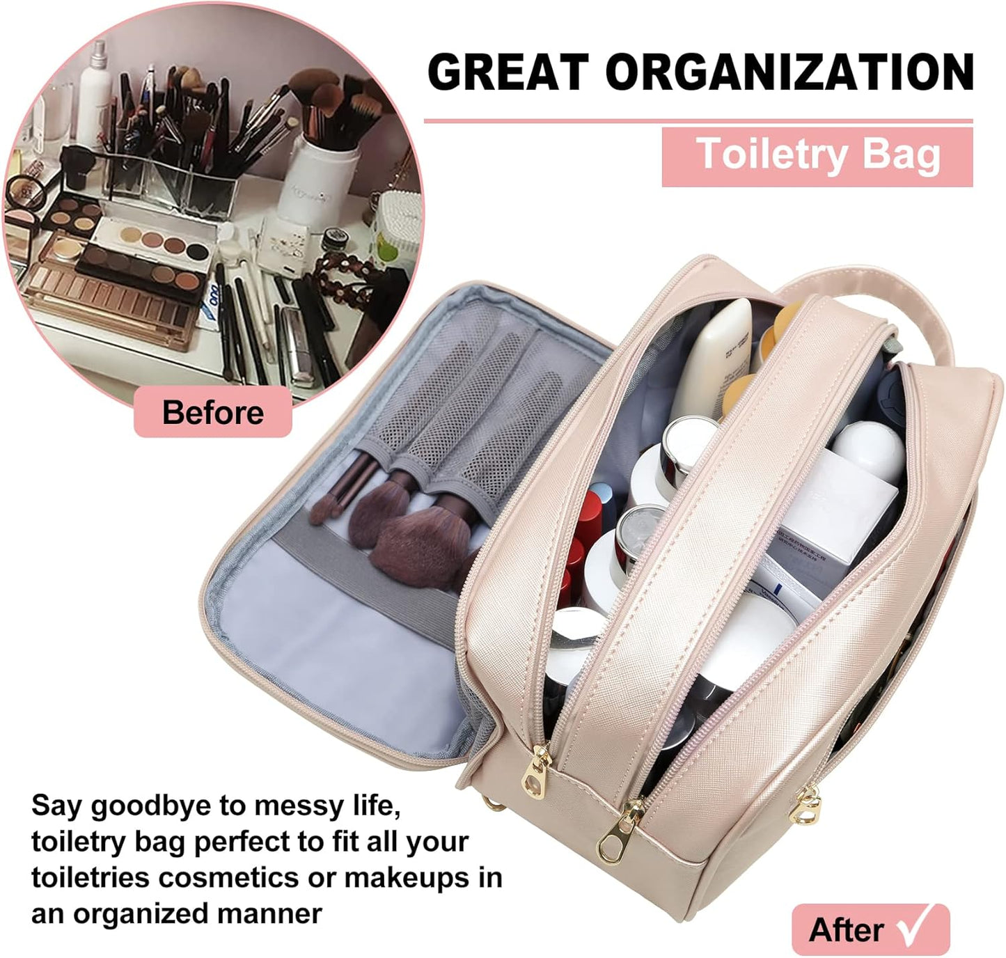Travel-Essentials Toiletry Bag for Women, Water Resistant Makeup-Bag-For-Travel-Accessories, Dorm Room Essentials, Eco Leather Cosmetic Bag