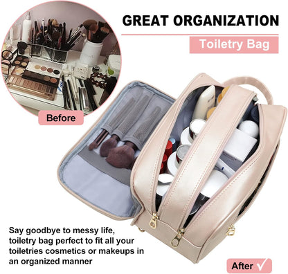 Travel-Essentials Toiletry Bag for Women, Water Resistant Makeup-Bag-For-Travel-Accessories, Dorm Room Essentials, Eco Leather Cosmetic Bag