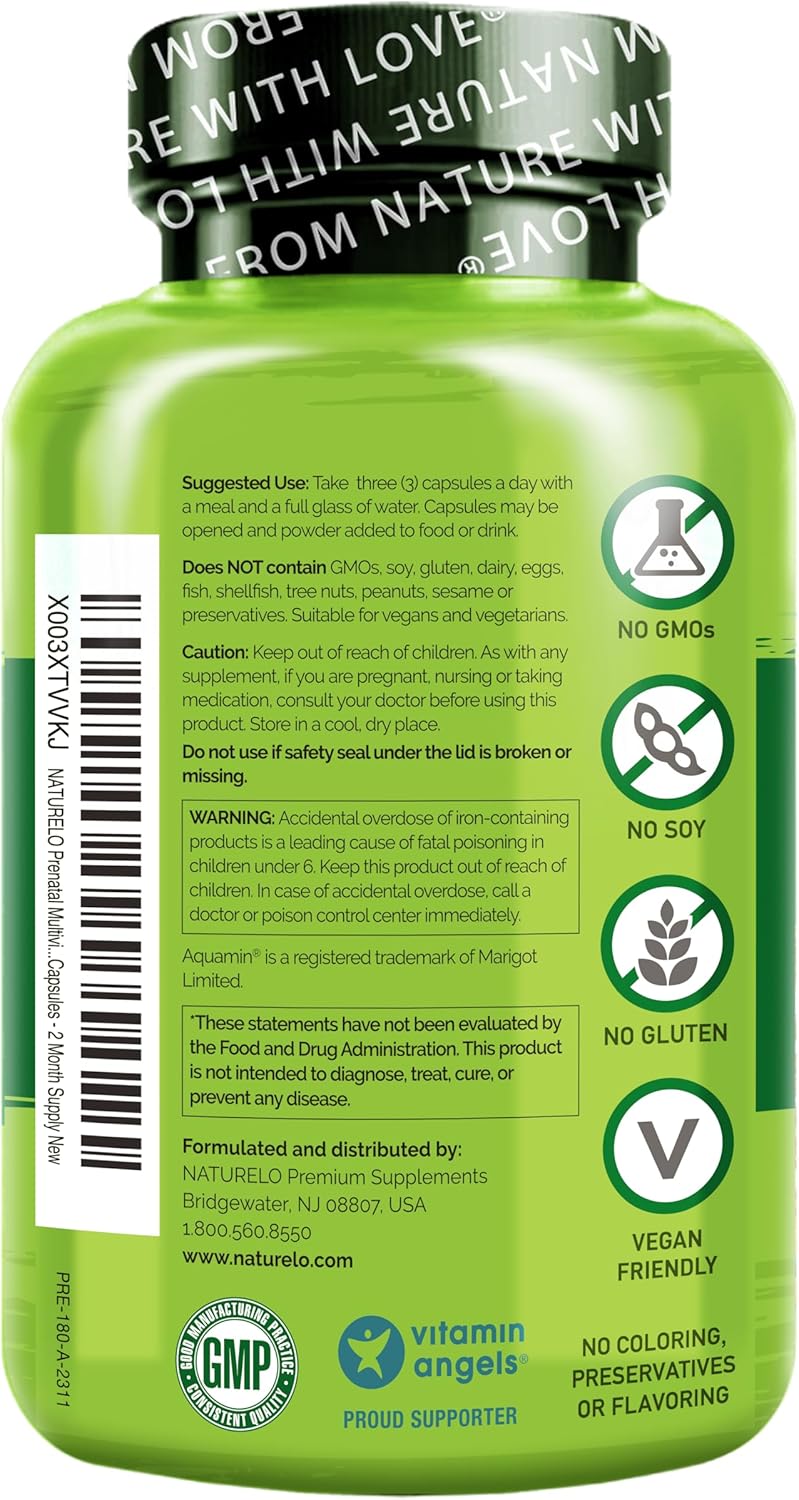 NATURELO Prenatal Multivitamin with Gentle Chelated Iron, Methyl Folate, Plant Calcium & Choline - Vegan, Vegetarian - Non-GMO - Gluten Free - 180 caps