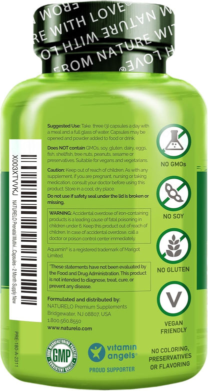 NATURELO Prenatal Multivitamin with Gentle Chelated Iron, Methyl Folate, Plant Calcium & Choline - Vegan, Vegetarian - Non-GMO - Gluten Free - 180 caps
