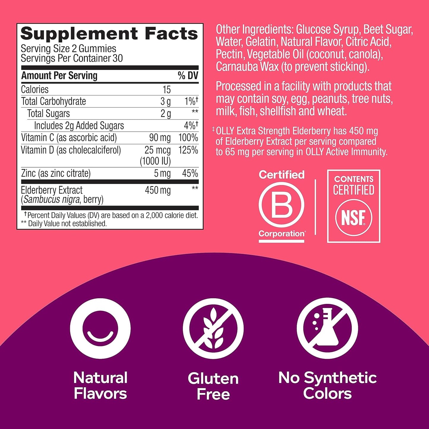 OLLY Extra Strength Elderberry Gummies, Immune Support, 450mg Elderberry, Vitamin C, D and Zinc, Berry - 60 Count