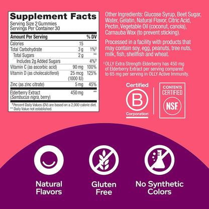 OLLY Extra Strength Elderberry Gummies, Immune Support, 450mg Elderberry, Vitamin C, D and Zinc, Berry - 60 Count
