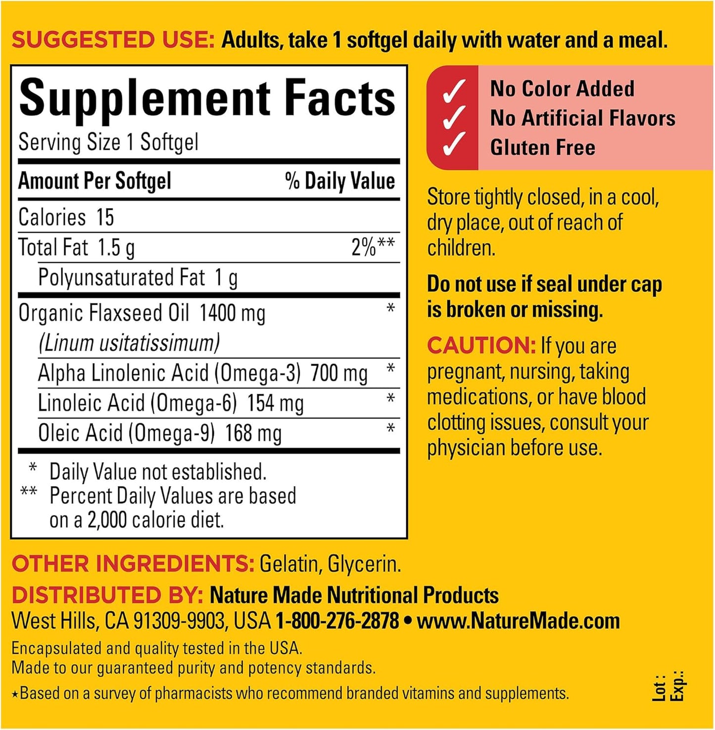 Nature Made Extra Strength Flaxseed Oil 1400 mg, Fish Free Omega 3 Supplement, Dietary Supplement for Heart Health Support, 100 Softgels, 100 Day Supply