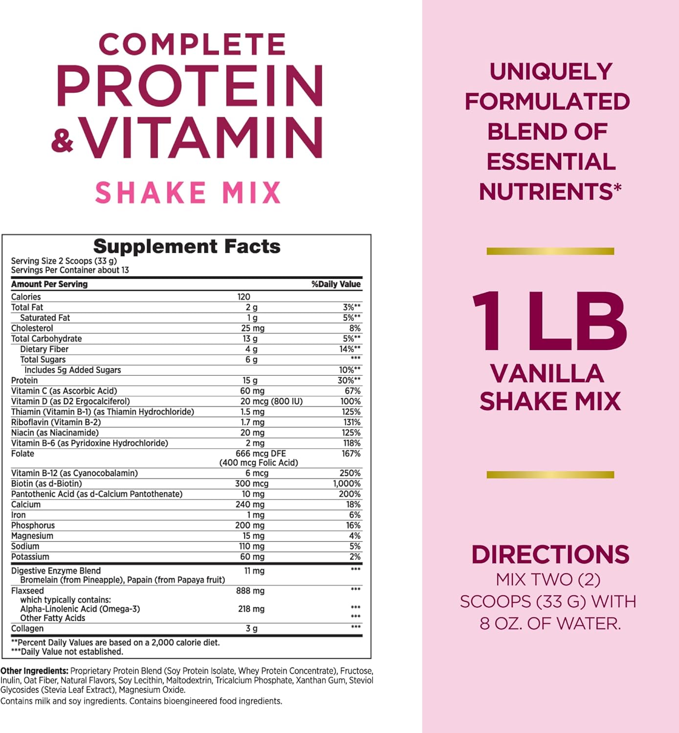Nature's Bounty Complete Protein & Vitamin Shake Mix with Collagen & Fiber, Contains Vitamin C for Immune Health, Vanilla Flavored, 16 Oz