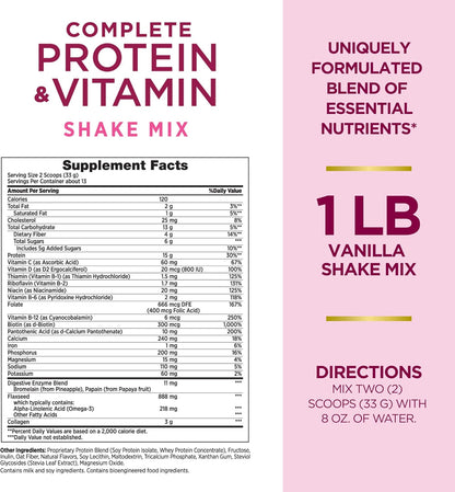 Nature's Bounty Complete Protein & Vitamin Shake Mix with Collagen & Fiber, Contains Vitamin C for Immune Health, Vanilla Flavored, 16 Oz