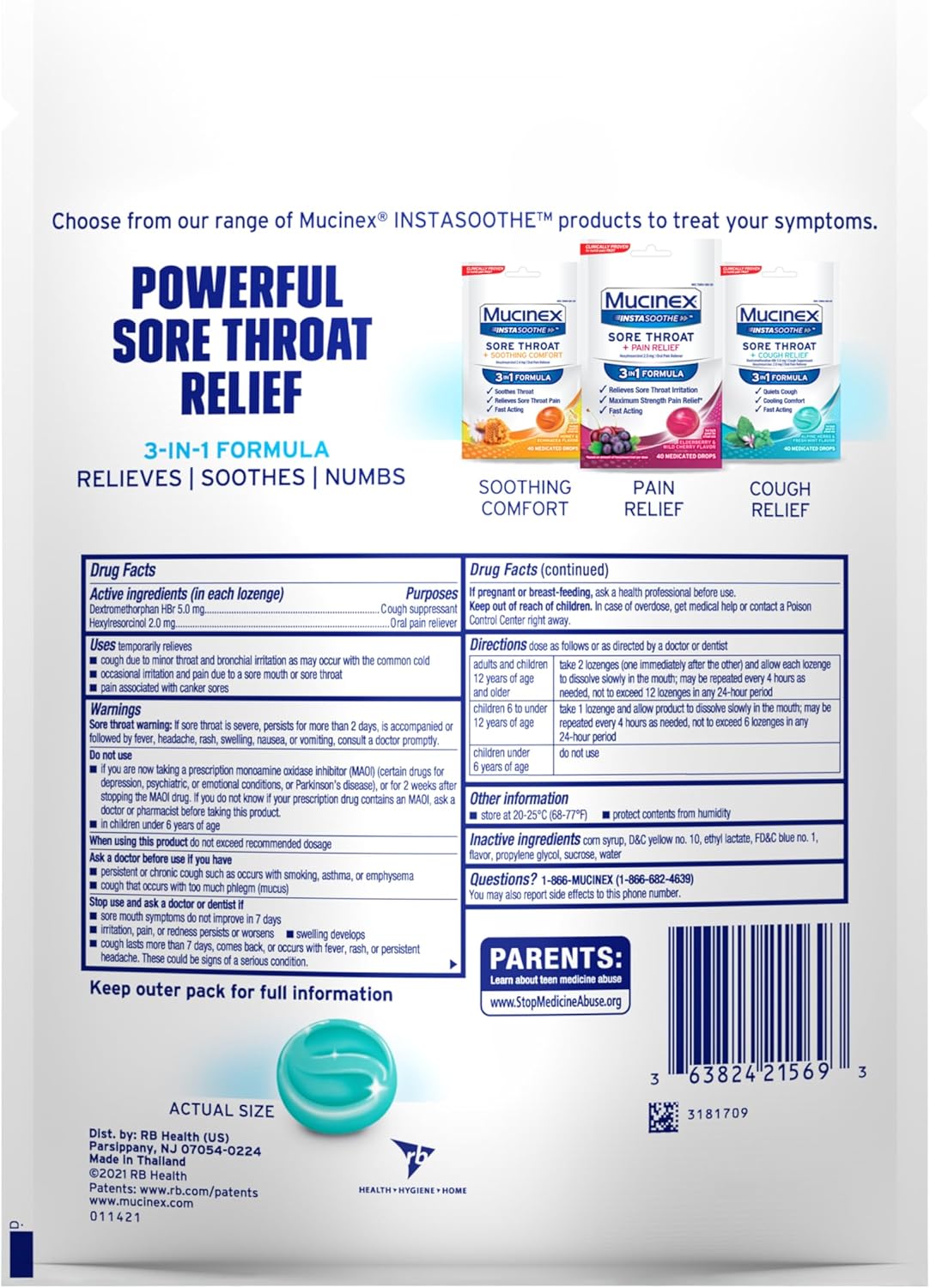 Mucinex InstaSoothe Sore Throat + Cough Relief Alpine Herbs & Mint Flavor, Fast Acting, Cooling Comfort, Powerful Sore Throat Oral Pain Reliever, 40 Medicated Drops