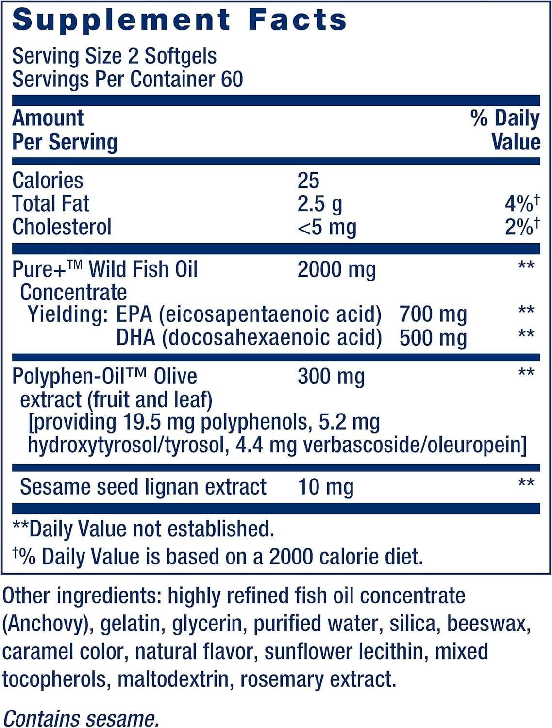 Super Omega-3 EPA/DHA Fish Oil, Sesame Lignans & Olive Extract - For Heart & Brain Health – For Inflammation & Cholesterol Management – Gluten-Free, Non-GMO – Lemon Flavor 120 Softgels