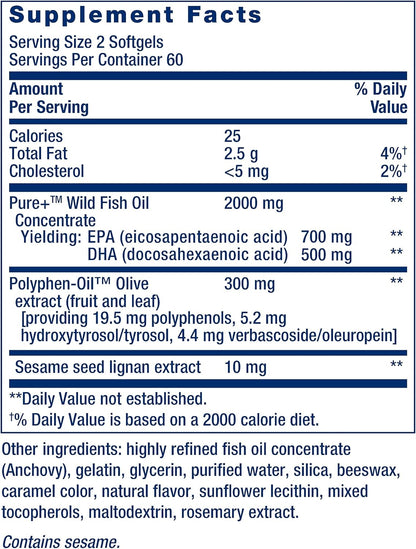 Super Omega-3 EPA/DHA Fish Oil, Sesame Lignans & Olive Extract - For Heart & Brain Health – For Inflammation & Cholesterol Management – Gluten-Free, Non-GMO – Lemon Flavor 120 Softgels