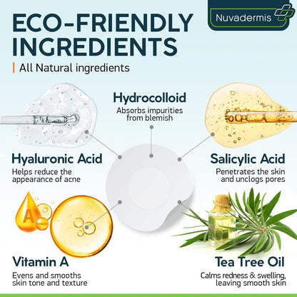 NUVADERMIS Acne Pimple Patches - Dark Spot, Blemish, Zit Treatment - 54% Hydrocolloid Dot Stickers - 120 Patch Pack for Clean Skin - Hyaluronic Salicylic Acid, Tea Tree Oil, Vitamin A - Face Cystic Po