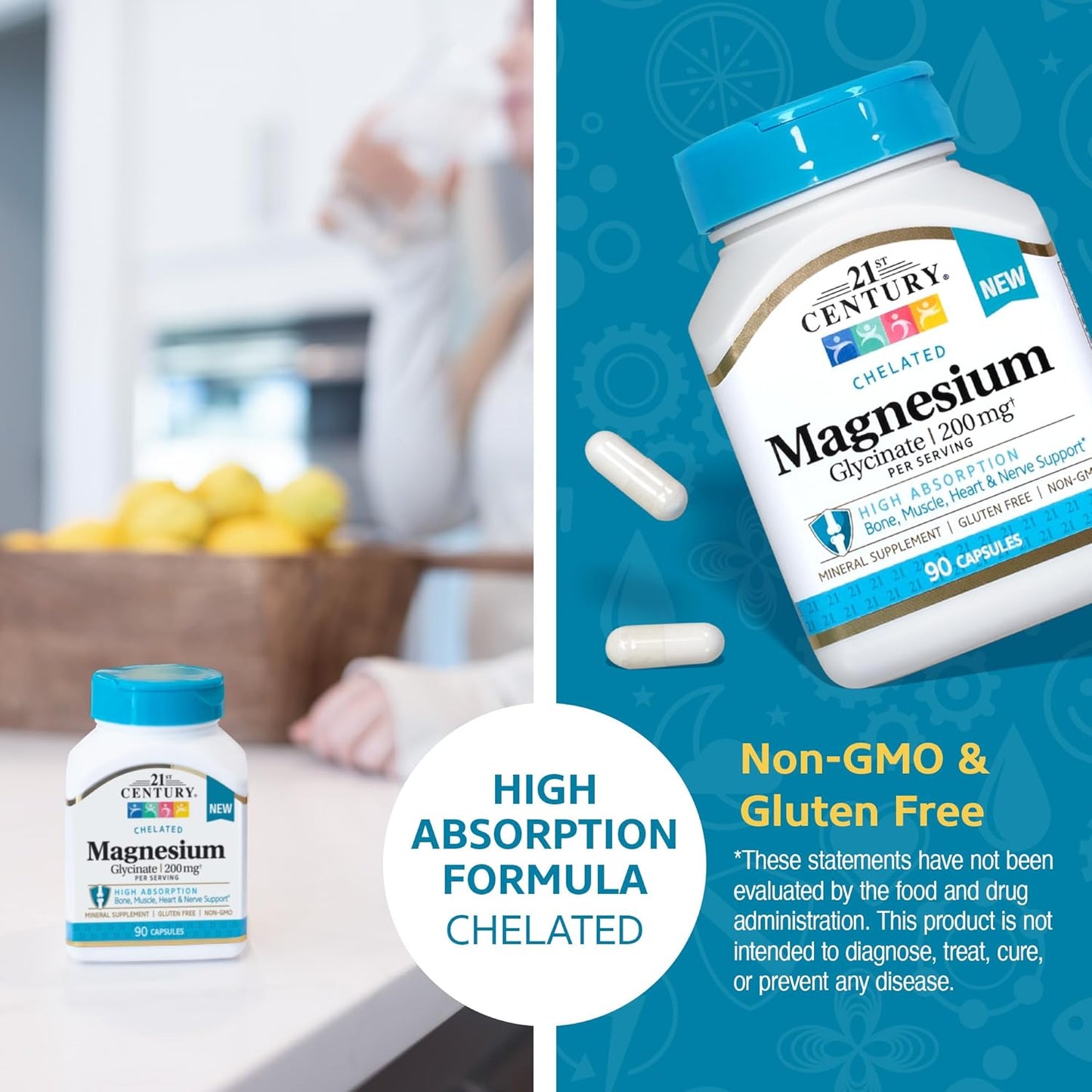 21st Century Chelated Magnesium Glycinate 200mg 90 Capsules