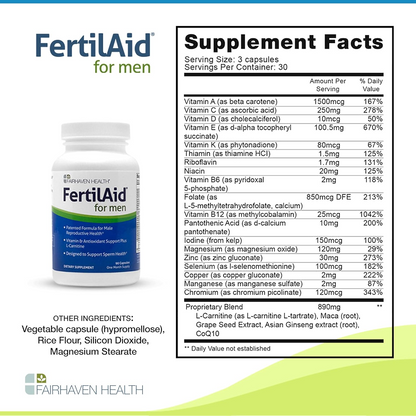 Fairhaven Health FertilAid for Men Prenatal Male Fertility Supplement - Count and Motility Support Pre-Conception for Him - 90 Capsules