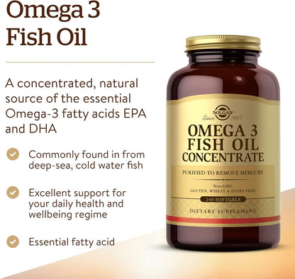 Omega-3 Fish Oil Concentrate, 240 Softgels - Support for Cardiovascular, Joint & Brain Health - Contains EPA & DHA Fatty Acids - Non GMO, Gluten/ Dairy Free - 120 Servings