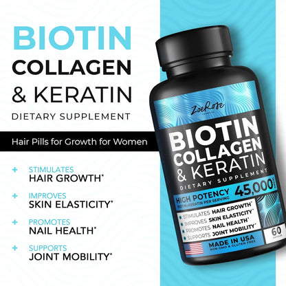 ZoeRose Biotin, Collagen & Keratin - Skin, Hair and Nails for Women - 60 counts